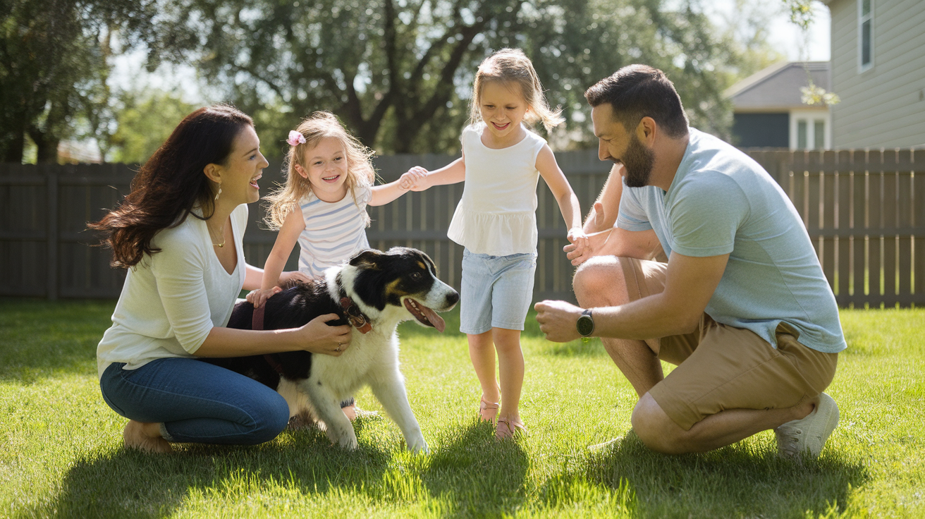 family with their dog in the backyard